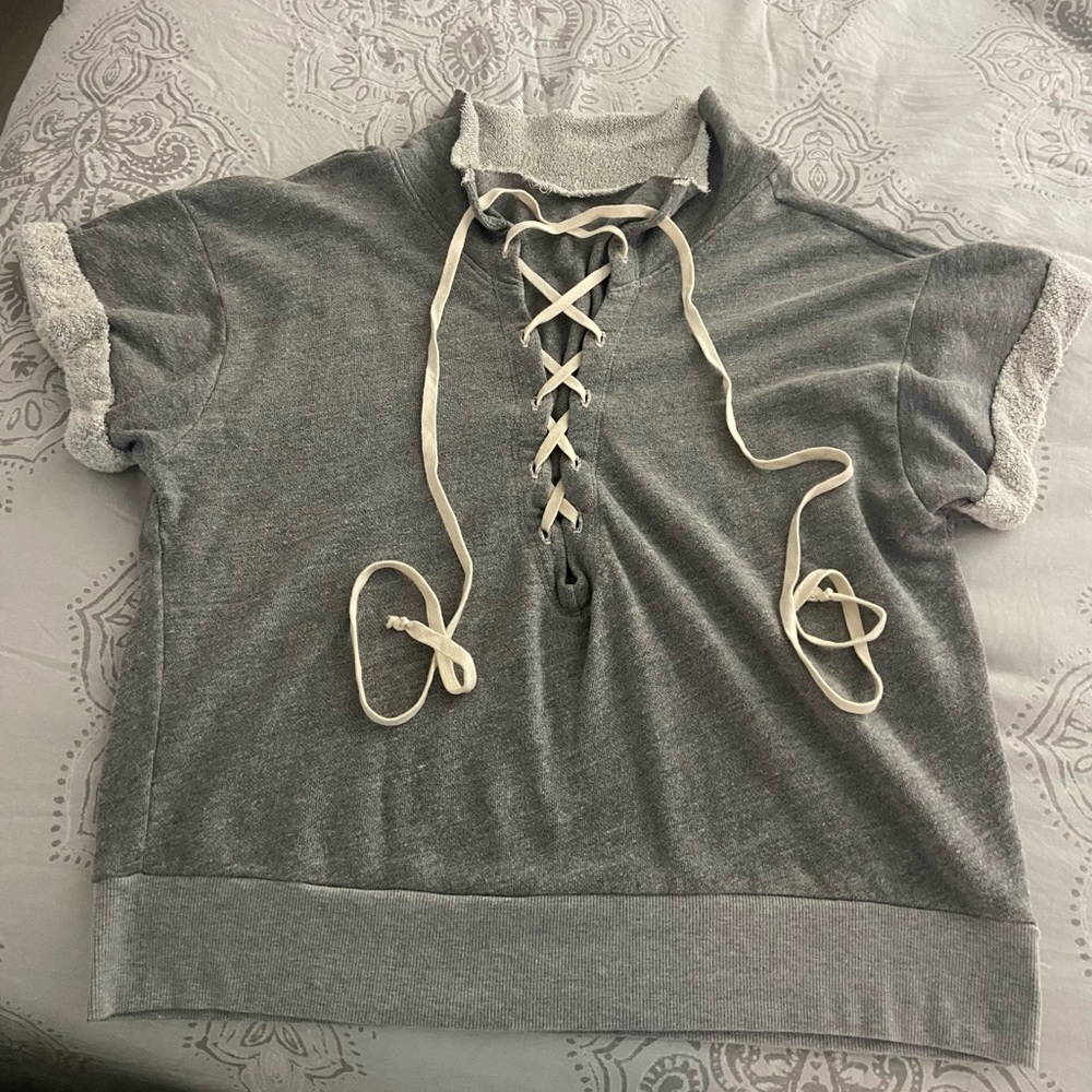 Anthropologie Gray Short-Sleeve Lace-Up Sweatshirt - Picture 2 of 2